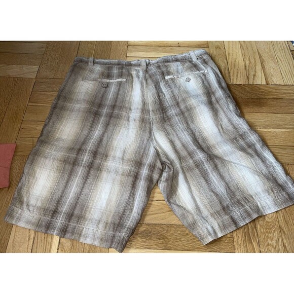 TOMMY BAHAMA Paradise Nation Tan Plaid Linen & Silk Blend Zip‎ Fly SHORTS sz 36 - Picture 7 of 9